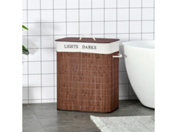 Cesto De Roupa 100l Com 3 Alças E Saco Lavável Removível Bambu, Algodão E Metal Marrom E Branco 52x32x63cm Quenty