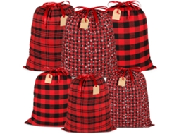 Conjunto de 6 Sacolas AQUAFORGE de Tecido Reutilizáveis, Zíper, Estampa Xadrez, Natal, Presentes
