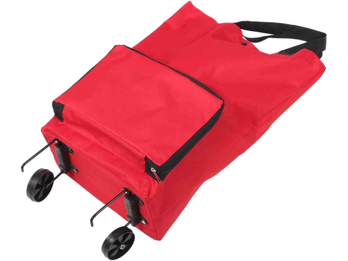 Carrinho De Compras Em Tecido Com Rodas, Grande Capacidade, Dobrável, Pvc, Vermelho, Equipado Com Alças.