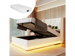 Cama Solteiro 90x200cm Branca Pu Armário Hidráulico Led Usb-c Colchão