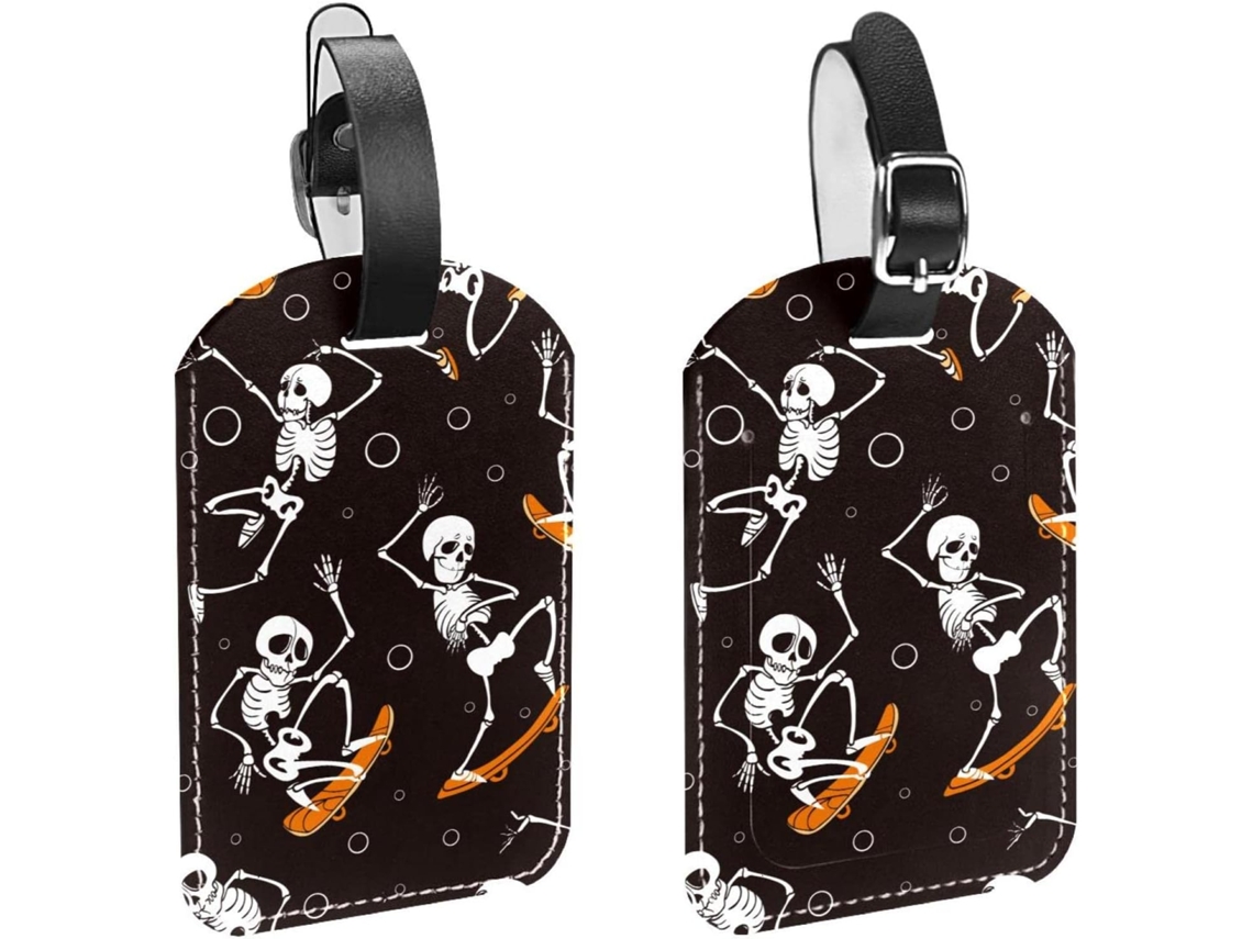 Conjunto De 2 Etiquetas Bagagem Em Couro Sintético Com Tema Esqueleto O Halloween, Proteger Sua Privacidade