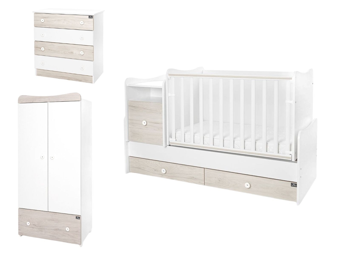 Quarto De Criança Trend Plus By Lorelli Com Berço Convertível, Cómoda E Roupeiro - White+light Oak