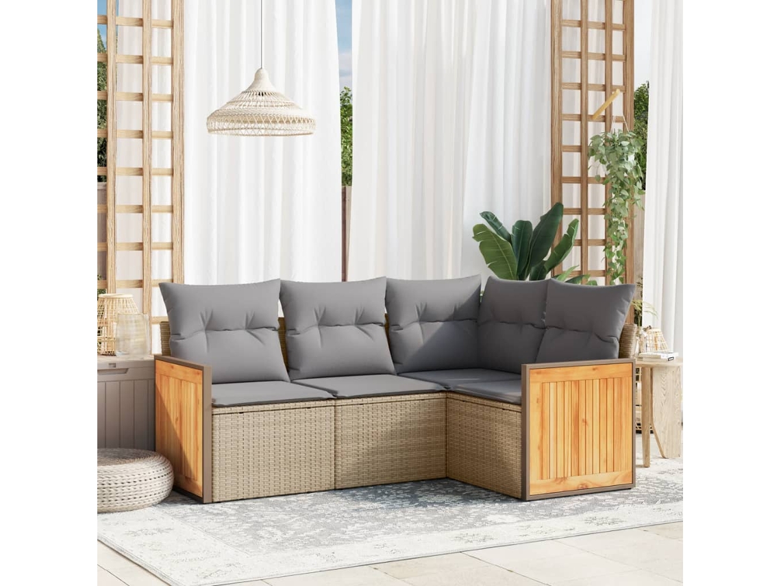 Vidaxl 4 Pcs Conjunto De Sofás Para Jardim C/ Almofadões Vime Pe Bege