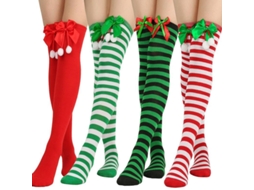 2026 4 Pares de Meias Largas para Mulher Natal Listradas com Elásticos e Bola de Pelo