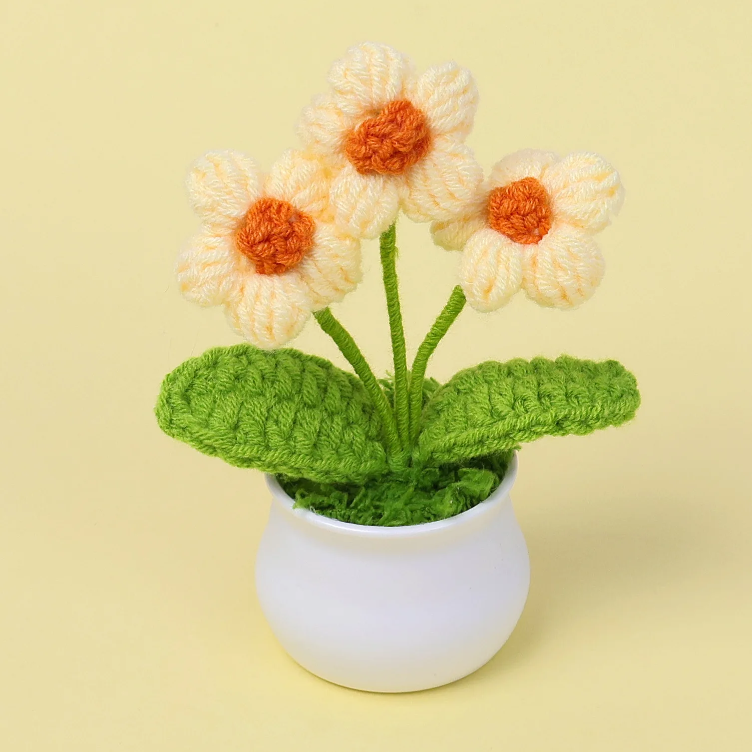 (amarelo) Lindas Mini Flores De Crochê Tricotadas Em Formato De Pompom, Combinadas Com Plantas Em Vasos Feitas À Mão.