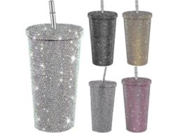 Caneca térmica reutilizável de aço inoxidável 500ml com tampa e canudo, estampa de diamantes, presente para mulheres 2023, azul celeste
