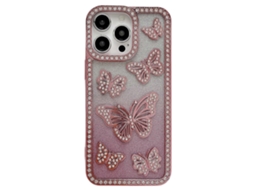 Capa Tkdaddy Para Iphone 15 Pro Max Com Strass E Borboletas, Capa Macia De Tpu Rosa