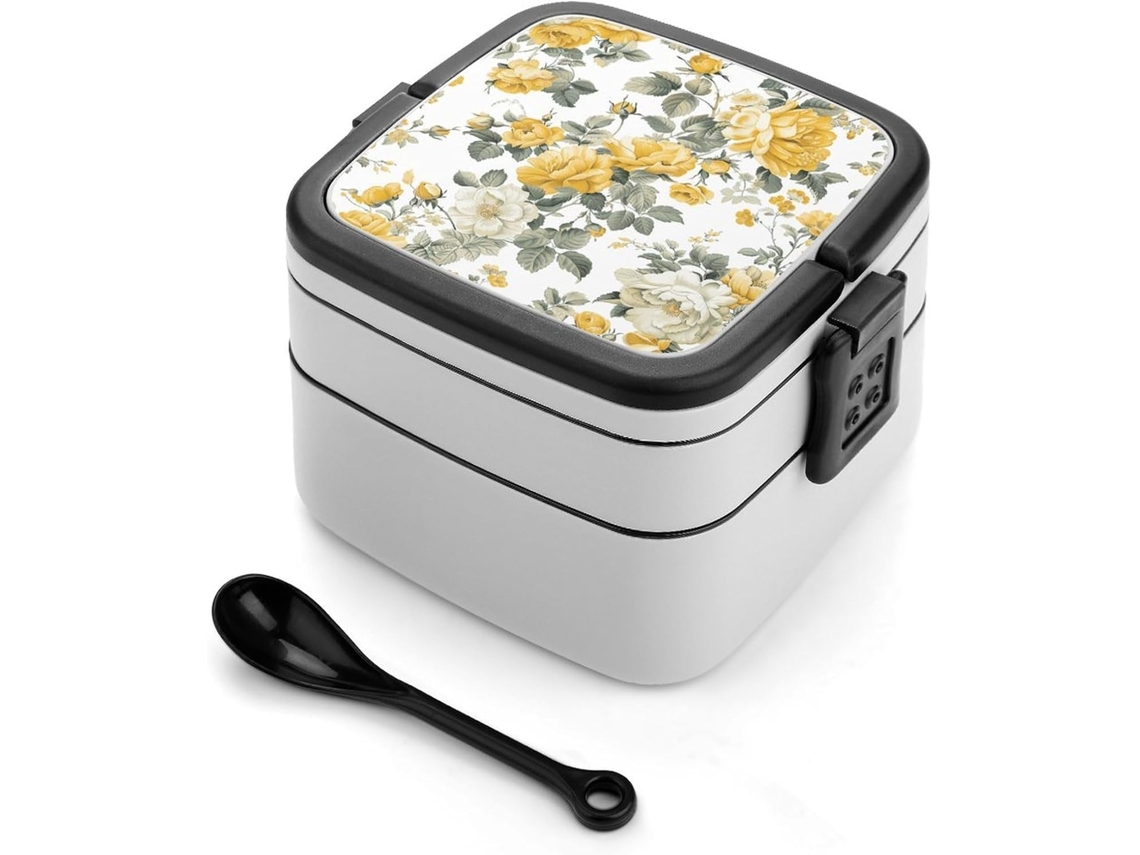Lancheira Dupla Com Colher E Alça, À Prova De Vazamentos, Tudo Em Um, Para Adultos, Lancheiras Empilháveis Com Flores