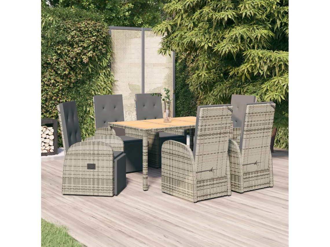 Vidaxl 7 Pcs Conjunto De Jantar P/ Jardim C/ Almofadões Vime Pe Cinza