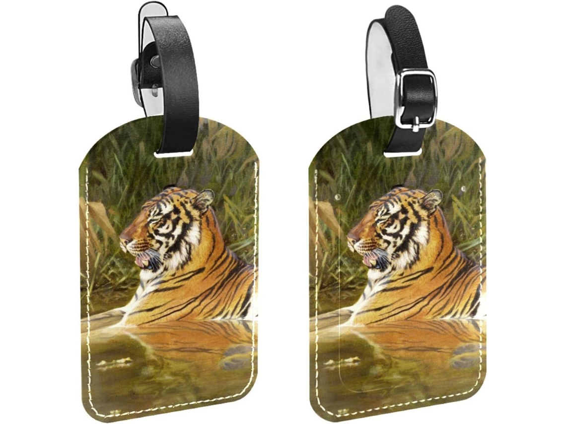 Conjunto De 2 Etiquetas Bagagem Em Couro Sintético Proteção Privacidade Tigre Selvagem