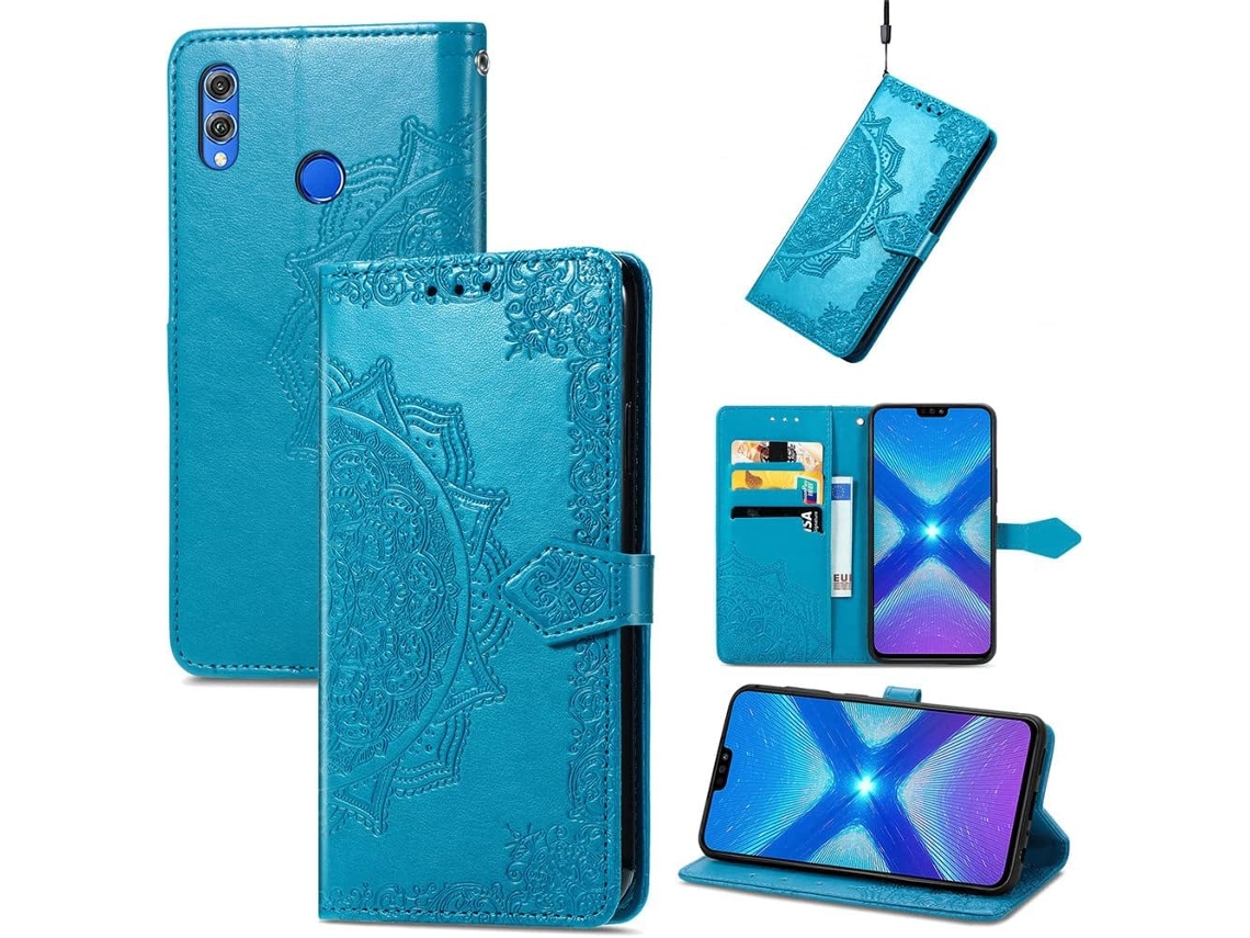 Capa Fólio Luxuosa Mandala Relevo para Honor, Huawei Honor 8X HONGWE. Resistente com Porta-Cartões Azul