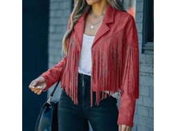 Jaqueta Fringe Feminina De Courto Couro Falso Estilo Cowboy Com Mangas Longas E Tasséis Cardigan Vermelho
