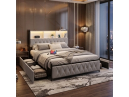 Cama de Casal Veludo Bege com Led RGB, Cabeceira com Armazenamento, USB e 4 Gavetas (160x200 cm)