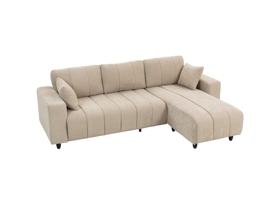 Sofá Chaise Longue Reversível em Linho com 3 Lugares e 2 Almofadas LAMAISON (242x156x87 cm) Bege