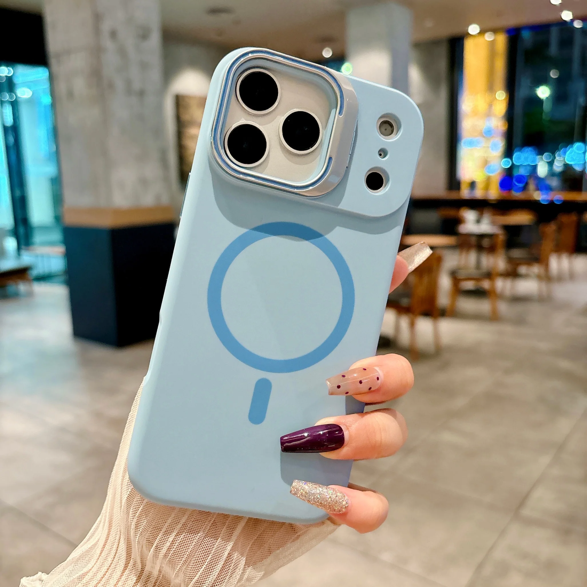 Capa Protetora Magsafe (azul Claro Para Iphone 16), Com Suporte Dobrável E Acabamento Fosco Magnético.