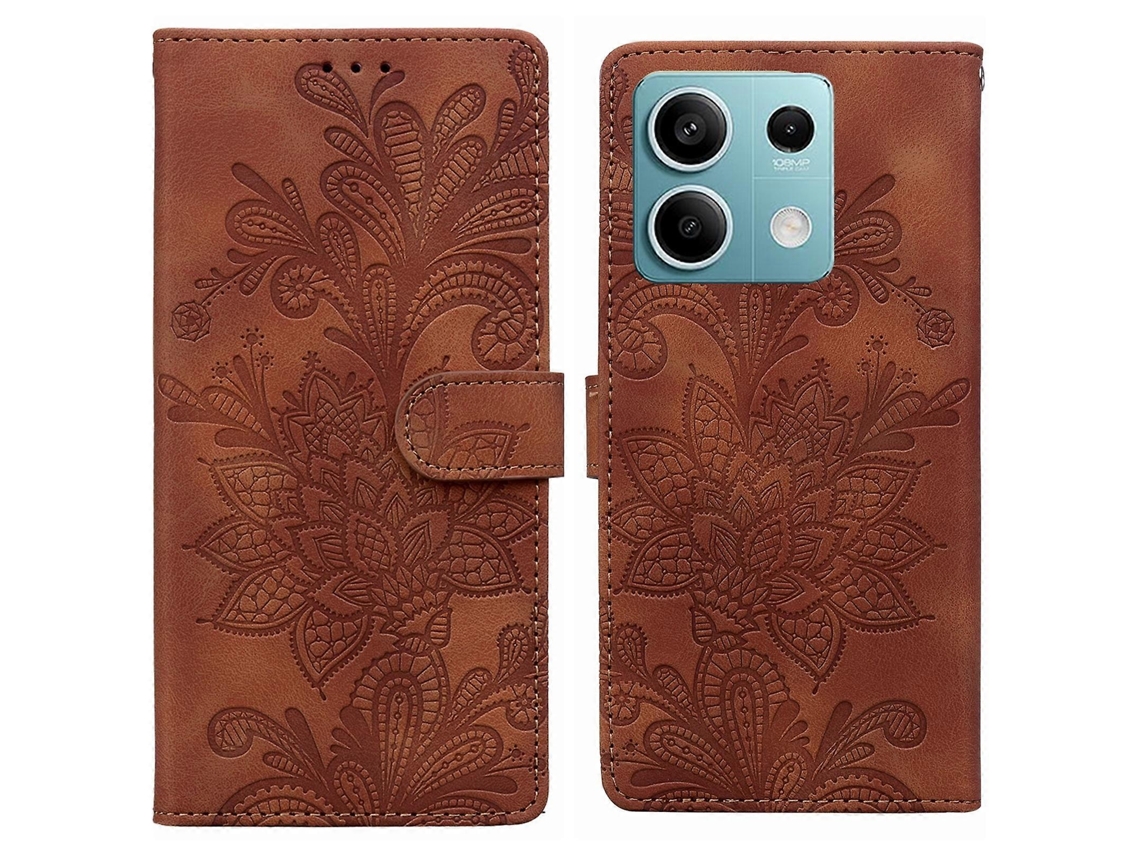Capa De Celular Em Pu Com Fecho Magnético, Estampa Floral Em Relevo De Renda E Alça De Pulso Para Redmi Note 14 4g