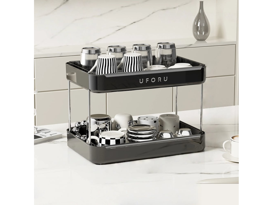 Suporte de Mesa Dupla Camada Multifuncional para Xícaras com Bandeja Escorredora Economiza Espaço na Cozinha em Casa e no Escritório AQUAFORGE