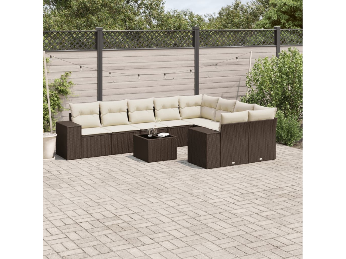 Vidaxl 10 Pcs Conj. Sofás Jardim Com Almofadões Vime Pe Castanho