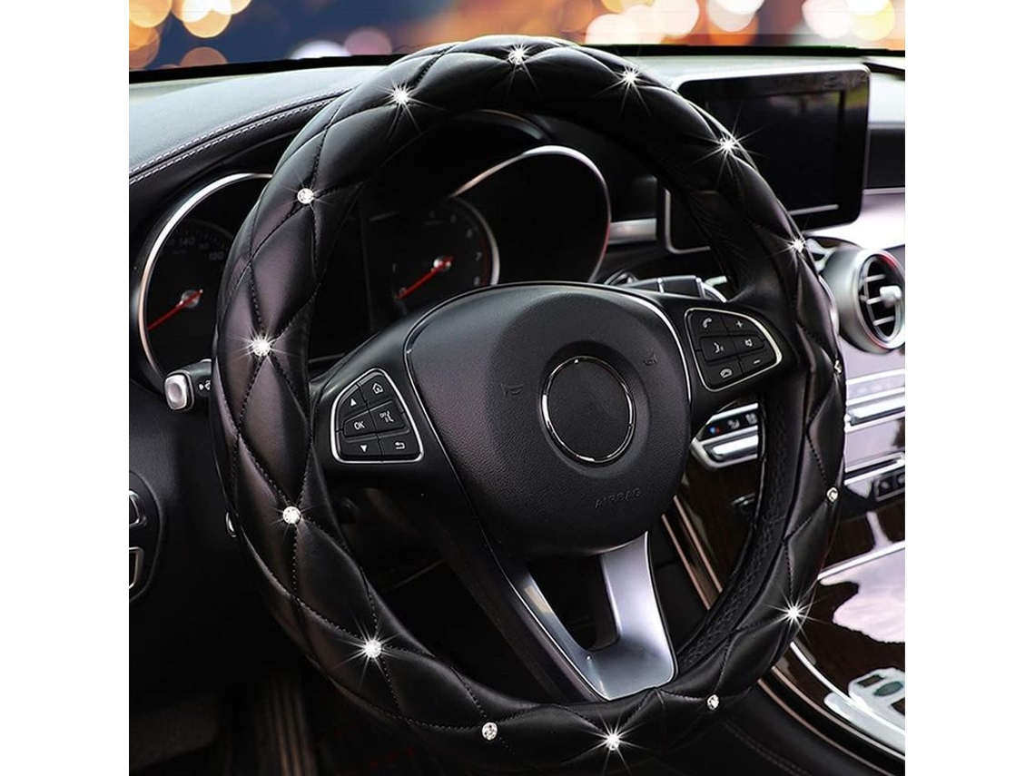 Capinha de Volante Anti derrubamento de Couro Rosa Suave com Strass Brilhante, Universal 15", para Veículos, Suv, Caminhão