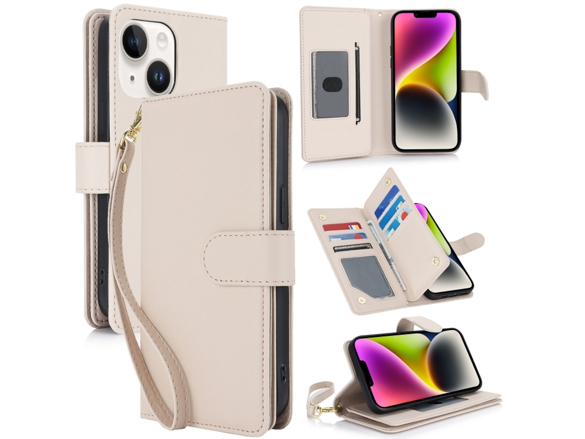 Capa Carteira De Couro Para Iphone 14 Plus - Com Rfid - Para Vários Cartões