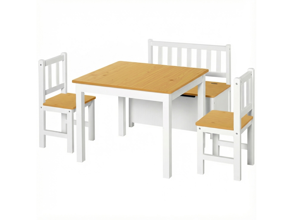 Conjunto Infantil De Mesa E Cadeiras 4 Peças, Mesa Com 2 Cadeiras E Banco Com Arrumação, A Partir Dos 3 Anos, Branco E Natural