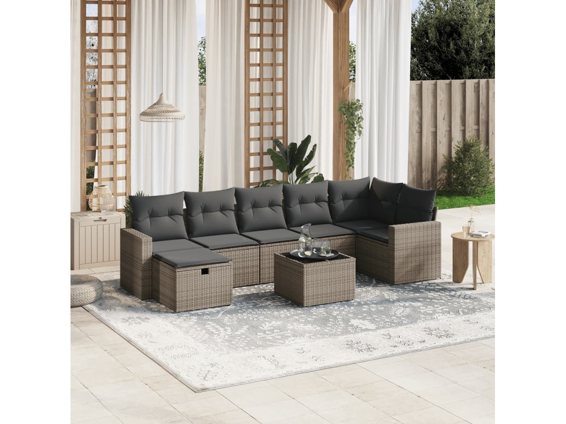 Vidaxl 8 Pcs Conjunto Sofás De Jardim C/ Almofadões Vime Pe Cinzento
