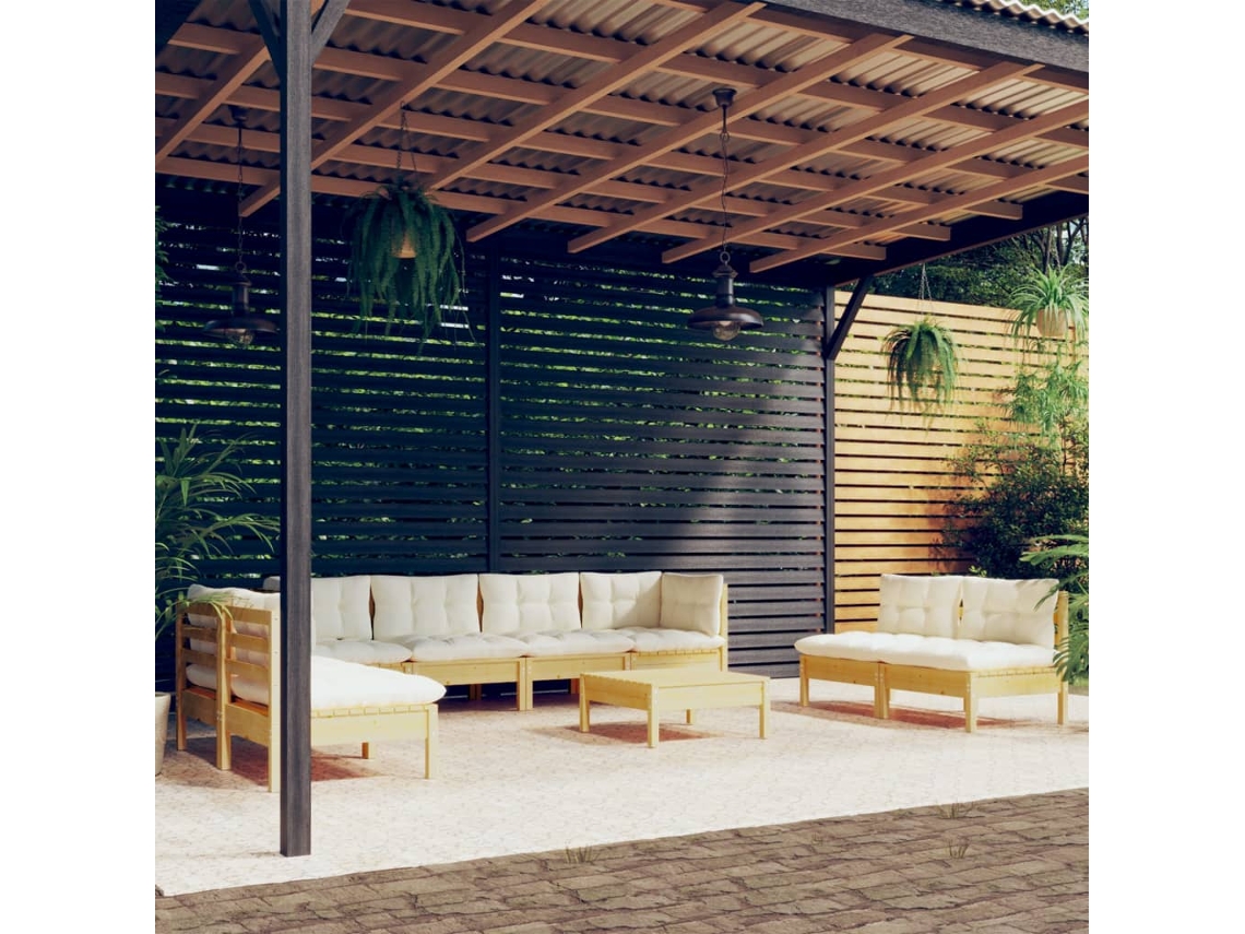 Vidaxl 9 Pcs Conjunto Lounge Jardim C/ Almofadões Creme Pinho Maciço