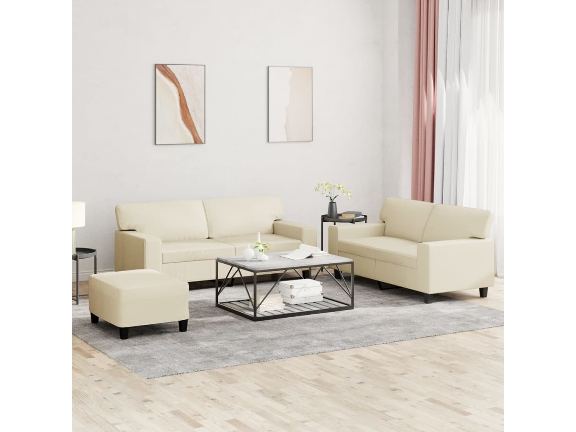 Vidaxl 3 Pcs Conjunto De Sofás Couro Artificial Cor Creme