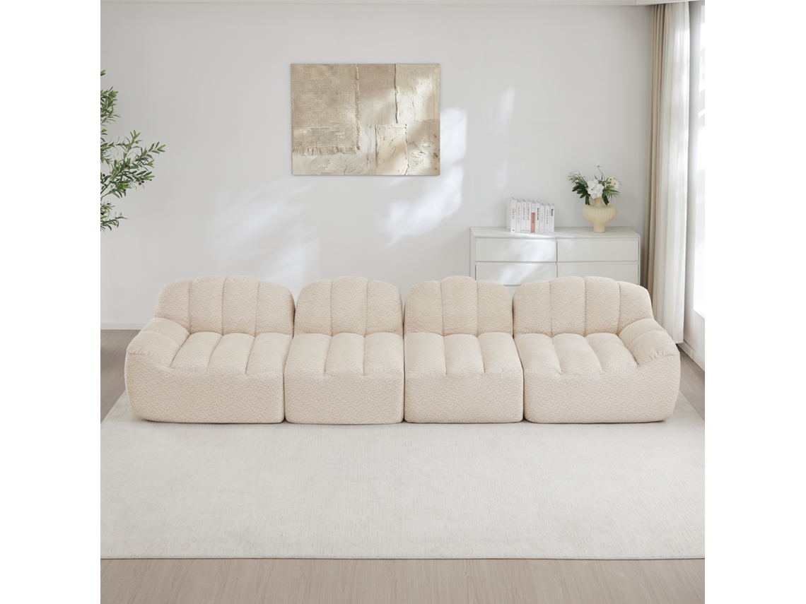 Sofá Modular, Forma De Concha, 4 Lugares, Assento Profundo, Tecido Macio, Bege Branco