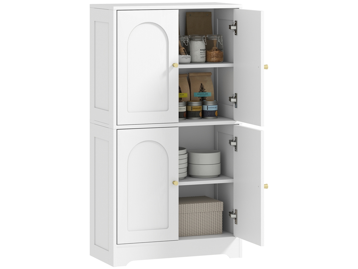 Aparador De Cozinha Com 4 Portas Arqueadas E 2 Prateleiras Ajustáveis, 60x30x110cm, Branco
