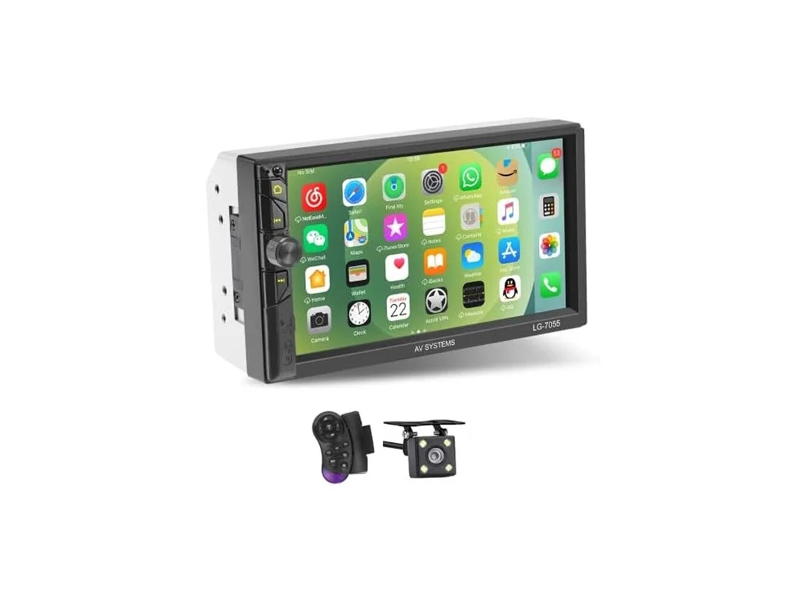 Central Multimédia Automóvel Double Din Ecrã Táctil com Câmara de Marcha atrás e Carplay (7 Polegadas)