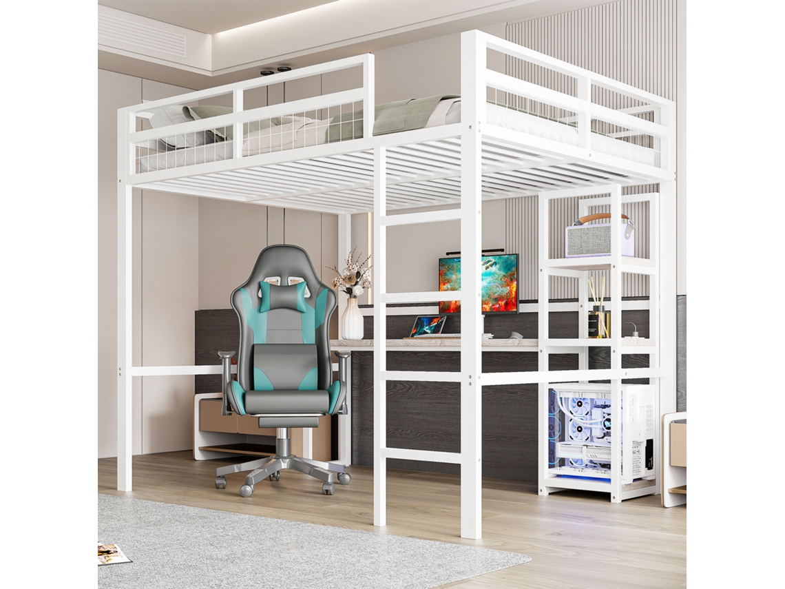 Cama Alta 140x200cm Ferro Prateleiras Mesa Tomada Usb-c Escada Branca