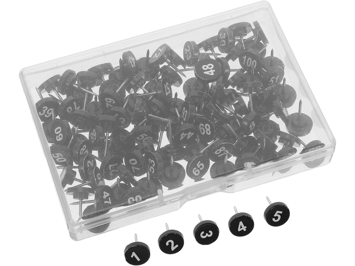 Conjunto Orfofe de 100 tachinas planas numeradas com pinos metálicos resistentes, ideais para organização de mapas.