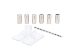 Kit de gabarito de centragem automática de 8 peças com 6 tamanhos de buchas de aço liga e ponta de centragem.