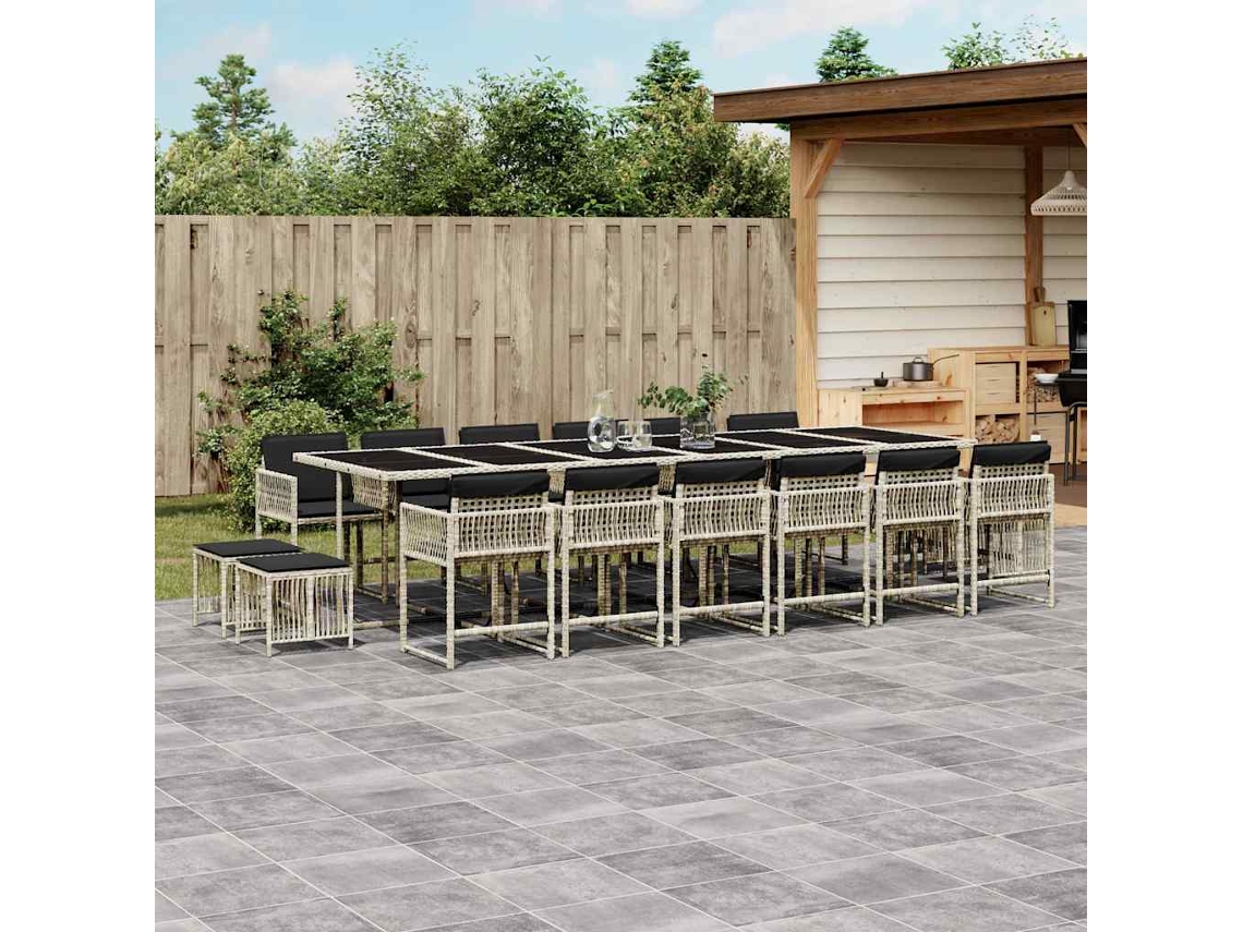 Vidaxl 17 Pcs Conj. Jantar Jardim C/ Almofadões Vime Pe Cinzento-claro