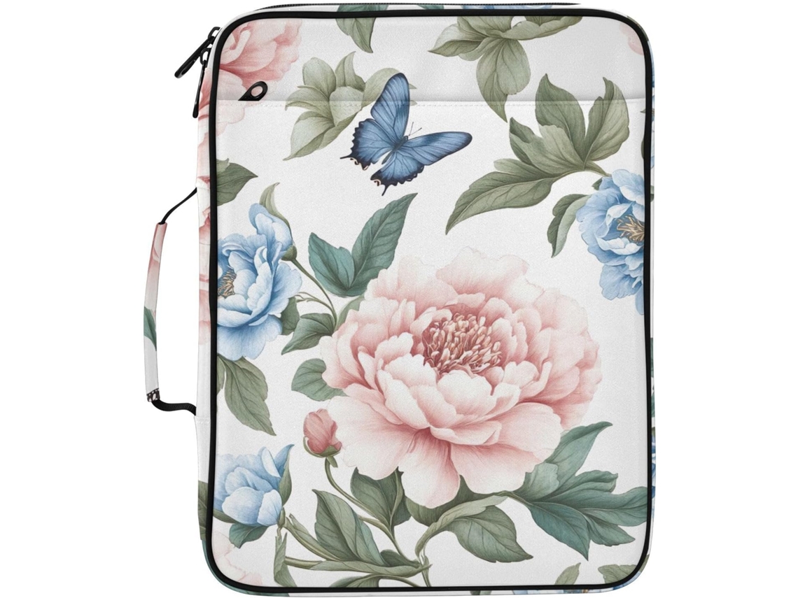 Pasta Expansível Com Estampa De Peônias Rosa E Azul, 3 Argolas E 7 Bolsos Sanfonados, Ideal Escola, Escritório E