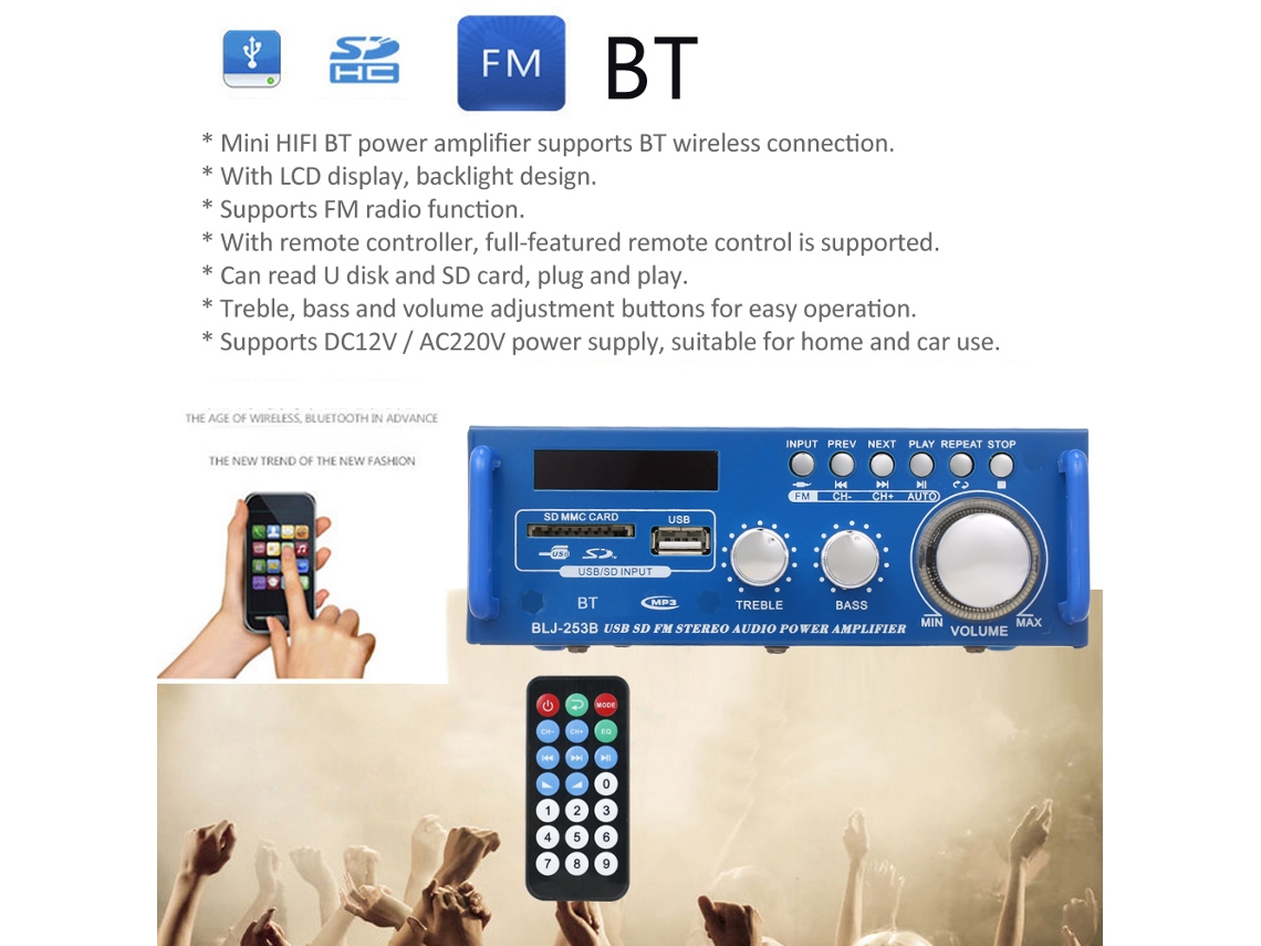 Amplificador De Áudio Mini 12v/220v Com Bt 300w