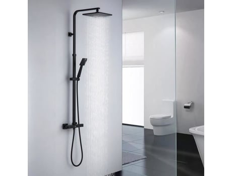Coluna de Duche Quadrada Preta AURALUM Misturadora Termostática 2 Funções Altura Regulável 110-137Cm