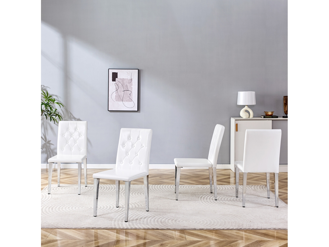 Conjunto 4 Cadeiras Jantar Branco Detalhes Prata Pés Prateado