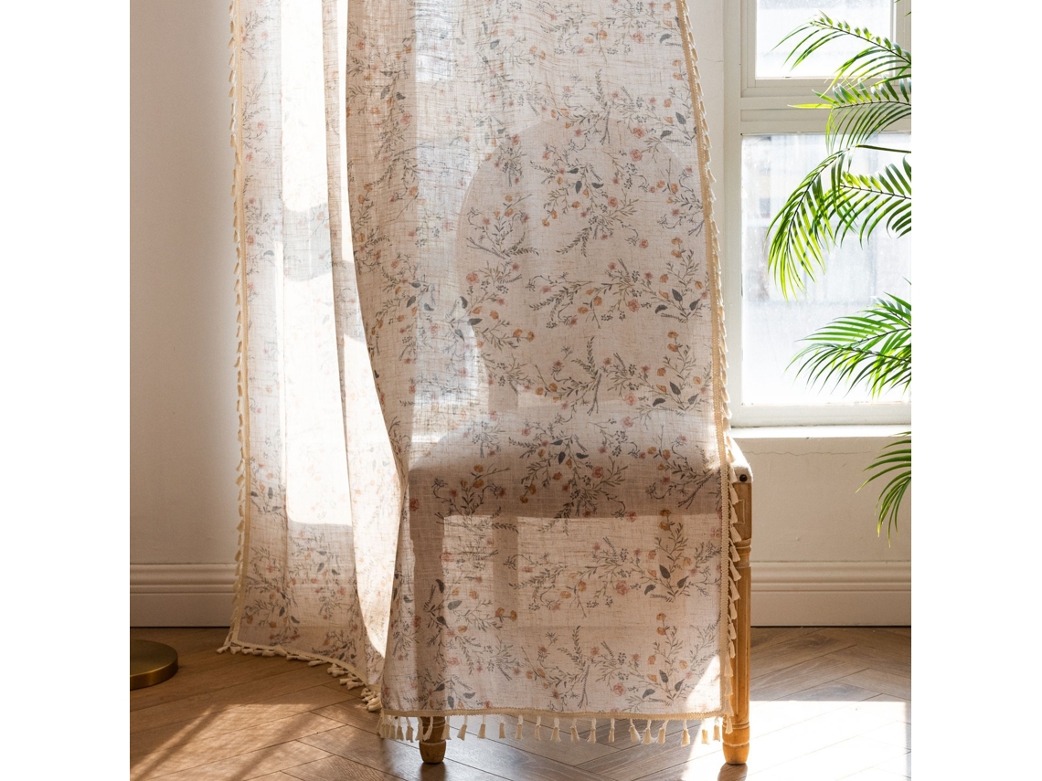 Single-panel Floral Print Curtain, Bohemian Farmhouse Style Décor, Semi-transparent With Tassels (150x240cm)