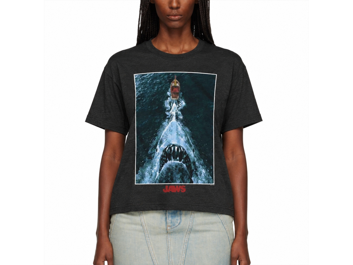 Rockinstone Jaws Shark Chasing Boat Poster Black Heather T-shirt Size:m