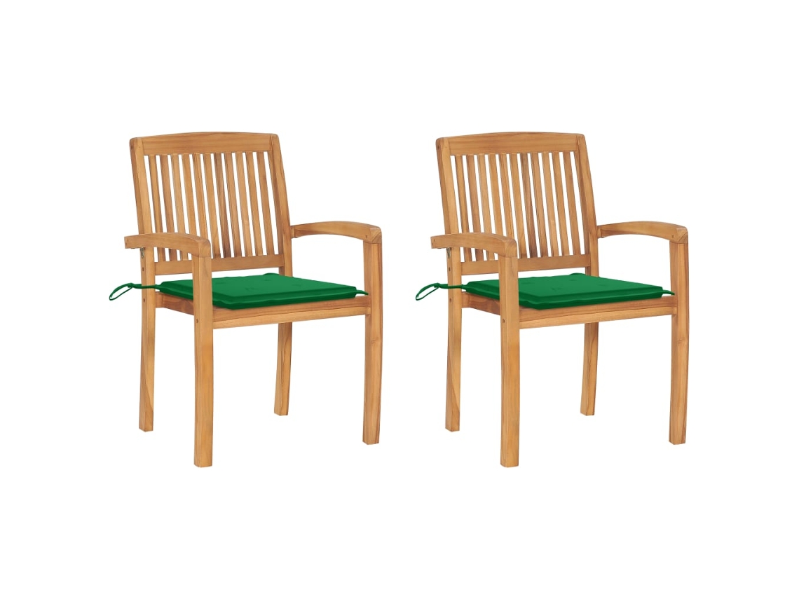 Vidaxl Cadeiras De Jardim C/ Almofadões Verdes 2 Pcs Teca Maciça