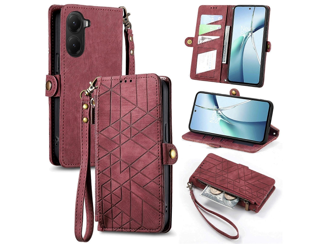 Capa Tipo Carteira Com Zíper E Linhas Geométricas, Capa De Couro Com Alça Vermelha Para Xiaomi Poco X7 Pro 5g