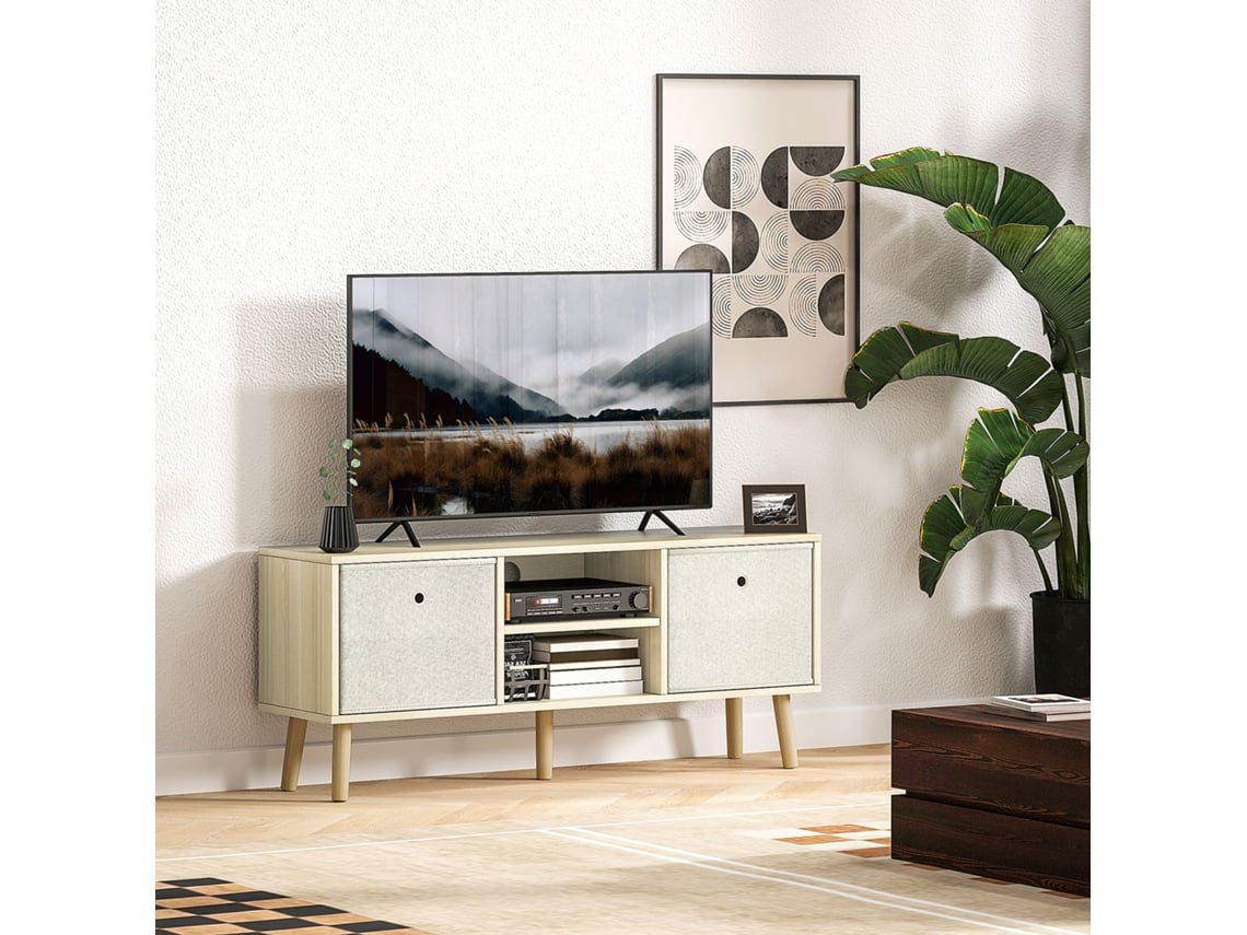 Móvel De Tv Para Televisores De Até 50 Polegadas Com 2 Gavetas De Tecido 2 Prateleiras Abertas 110x29x46,5 Cm Madeira Clara E Bege
