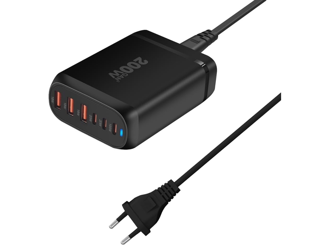 Carregador de Mesa Gan de 200 W com 6 Portas Usb Type c Pd, Carregamento 3.0, Compatível com Dispositivos Móveis e com Plugue Europeu. SFUSHOS