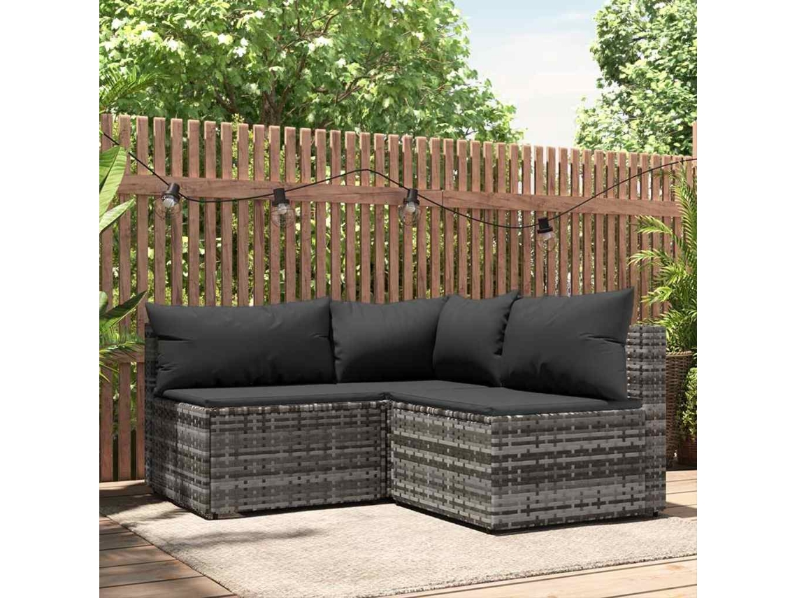 Vidaxl 3 Pcs Conjunto Lounge De Jardim C/ Almofadões Vime Pe Cinzento