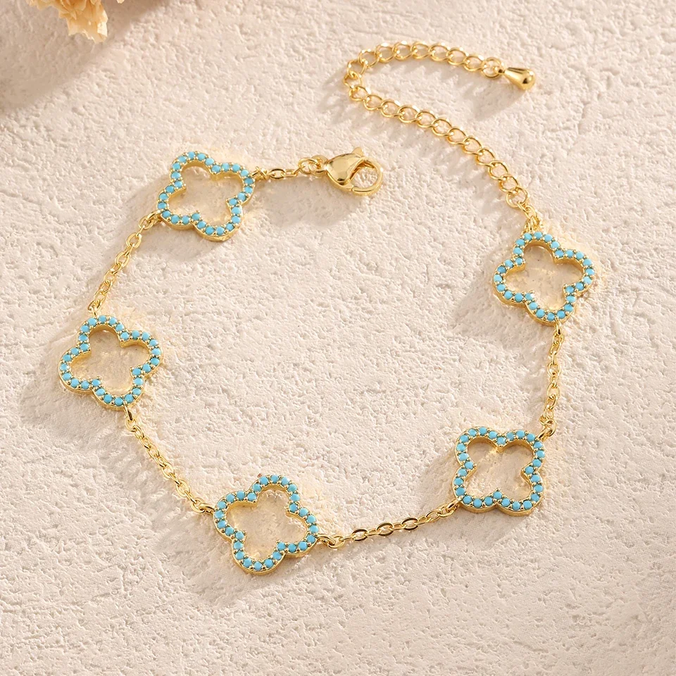 (azul) Pulseira Feminina Transparente E Brilhante Com Zircônias Em Formato De Trevo De Quatro Folhas Vazado.
