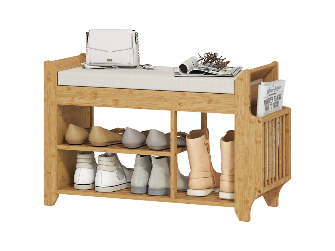 Banco Sapateira DECORALAR TECH de bambu com assento acolchoado e compartimento lateral para botas 80x30x50cm natural