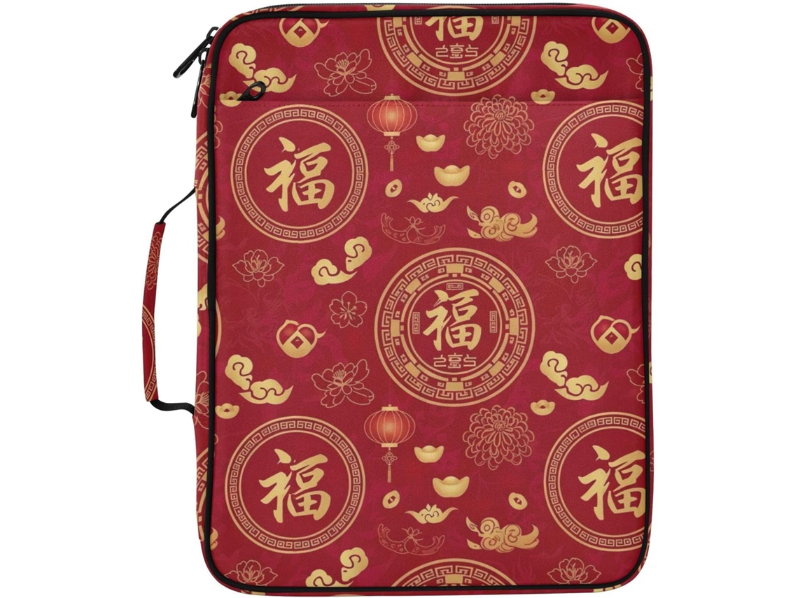 Pasta Expansível Chinesa Com Estampa Floral Em Vermelho E Dourado, Organizador De 3 Argolas Com 7 Bolsos E Sistema