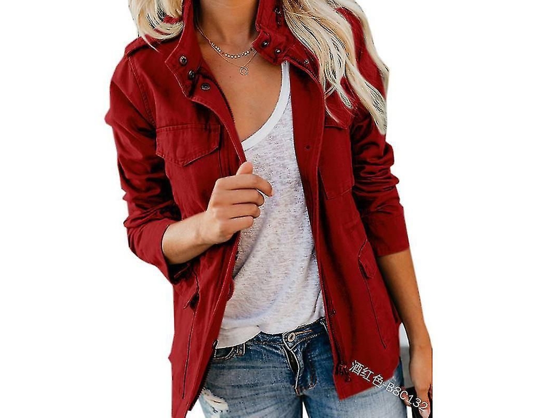 Jaqueta Casual Feminina Iowbfnys De Poliéster Com Zíper, Gola Aba, Bolsos, Manga Longa, Tamanho Regular, Primavera/outono, Idades 18-35 Borgonha